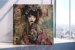 Female figure in ornate kimono with crimson tassels and Asian script collage, romantic mixed-media square canvas print