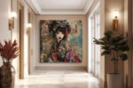 Female figure in ornate kimono with crimson tassels and Asian script collage, romantic mixed-media square canvas print