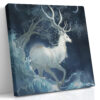 White deer over stylised ocean waves with crescent moons and bare trees, moody navy East Asian illustration canvas