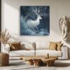 White deer over stylised ocean waves with crescent moons and bare trees, moody navy East Asian illustration canvas