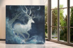 White deer over stylised ocean waves with crescent moons and bare trees, moody navy East Asian illustration canvas