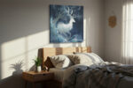 White deer over stylised ocean waves with crescent moons and bare trees, moody navy East Asian illustration canvas