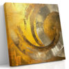 Concentric gold and silver impasto arcs spiral inward, bold abstract acrylic wall art for living room or home office