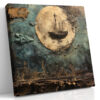 Full moon and sailing ship over city skyline, vintage map-engraved mixed-media wall art canvas for home office