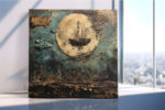 Full moon and sailing ship over city skyline, vintage map-engraved mixed-media wall art canvas for home office