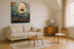 Full moon and sailing ship over city skyline, vintage map-engraved mixed-media wall art canvas for home office