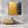 Bold impasto oil painting with golden amber and deep navy diagonal clash, dramatic abstract wall art for living room