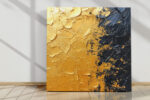 Bold impasto oil painting with golden amber and deep navy diagonal clash, dramatic abstract wall art for living room
