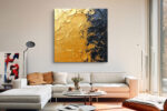 Bold impasto oil painting with golden amber and deep navy diagonal clash, dramatic abstract wall art for living room