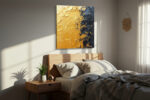 Bold impasto oil painting with golden amber and deep navy diagonal clash, dramatic abstract wall art for living room