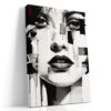 Fragmented female face in near black, white and crimson, bold mixed-media portrait canvas for living room or bedroom