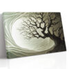 Bare tree silhouette over glowing oval, swirling layered forms in sage and olive, japandi canvas wall art