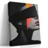 Female face profile with coral red geometric triangles and black blindfold, moody mixed-media wall art canvas for living room