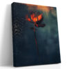 Glowing flame-like flower bloom in burnt orange and dark teal, dramatic botanical digital art canvas for living room