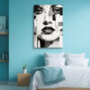 Fragmented female face in near black, white and crimson, bold mixed-media portrait canvas for living room or bedroom