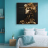 Gold-painted female bust with floral headdress in deep gold and black, dramatic portrait canvas for living room