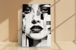 Fragmented female face in near black, white and crimson, bold mixed-media portrait canvas for living room or bedroom
