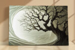 Bare tree silhouette over glowing oval, swirling layered forms in sage and olive, japandi canvas wall art