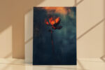 Glowing flame-like flower bloom in burnt orange and dark teal, dramatic botanical digital art canvas for living room