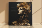 Gold-painted female bust with floral headdress in deep gold and black, dramatic portrait canvas for living room
