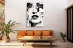 Fragmented female face in near black, white and crimson, bold mixed-media portrait canvas for living room or bedroom