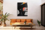 Female face profile with coral red geometric triangles and black blindfold, moody mixed-media wall art canvas for living room