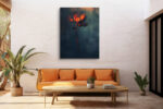Glowing flame-like flower bloom in burnt orange and dark teal, dramatic botanical digital art canvas for living room