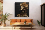 Gold-painted female bust with floral headdress in deep gold and black, dramatic portrait canvas for living room