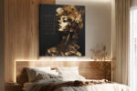 Gold-painted female bust with floral headdress in deep gold and black, dramatic portrait canvas for living room