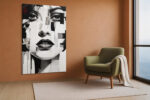 Fragmented female face in near black, white and crimson, bold mixed-media portrait canvas for living room or bedroom
