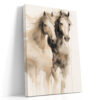 Three watercolor horses with flowing manes and ink drips, earthy cream and brown tones, portrait canvas wall art