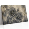 Two grey roses with gold paint splatters and botanical sketches, moody mixed-media floral canvas wall art for living room