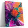 Abstract flower macro in vivid orange, hot magenta and deep purple swirls, bold botanical canvas wall art for living room