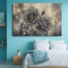 Two grey roses with gold paint splatters and botanical sketches, moody mixed-media floral canvas wall art for living room
