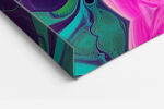 Abstract flower macro in vivid orange, hot magenta and deep purple swirls, bold botanical canvas wall art for living room