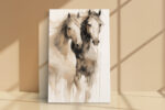 Three watercolor horses with flowing manes and ink drips, earthy cream and brown tones, portrait canvas wall art