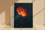 Glowing poppy bloom in deep orange-red and amber-yellow against dark teal, dramatic floral portrait canvas wall art