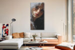 Hyper-realistic female portrait with split white and black hair, red lips, chain jewelry u2014 bold digital art canvas