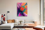 Abstract flower macro in vivid orange, hot magenta and deep purple swirls, bold botanical canvas wall art for living room