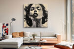 Woman's portrait with honeycomb texture and text collage in warm sepia tones, contemporary mixed-media canvas wall art