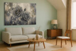 Two grey roses with gold paint splatters and botanical sketches, moody mixed-media floral canvas wall art for living room