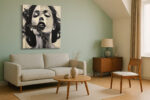 Woman's portrait with honeycomb texture and text collage in warm sepia tones, contemporary mixed-media canvas wall art