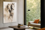 Three watercolor horses with flowing manes and ink drips, earthy cream and brown tones, portrait canvas wall art