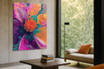 Abstract flower macro in vivid orange, hot magenta and deep purple swirls, bold botanical canvas wall art for living room