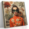 Woman in burnt orange turtleneck and cat-eye sunglasses, layered with botanical flowers, eclectic collage canvas wall art