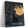 Seated female silhouette beneath a full moon and gnarled tree in deep navy and warm gold, romantic wall art canvas