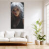 Dramatic female portrait with white-silver hair and deep red lips on dark background, digital art canvas for living room