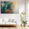 Tropical banana leaves and palm fronds in deep teal and gold, bohemian botanical canvas print for living room or dining room