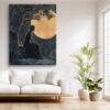 Seated female silhouette beneath a full moon and gnarled tree in deep navy and warm gold, romantic wall art canvas