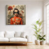 Woman in burnt orange turtleneck and cat-eye sunglasses, layered with botanical flowers, eclectic collage canvas wall art